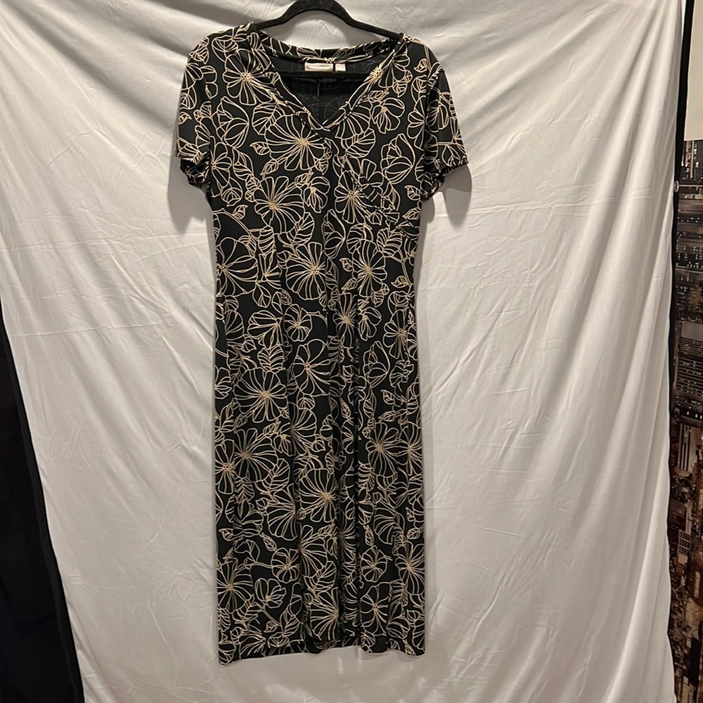 Black dress with gold flower pattern